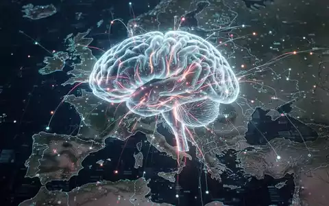 Digitales Gehirn mit leuchtenden Nervenbahnen über Europakarte, symbolisiert Europas unabhängige KI-Strategie und Regulierungsbemühungen. - Foto: über boerse-global.de