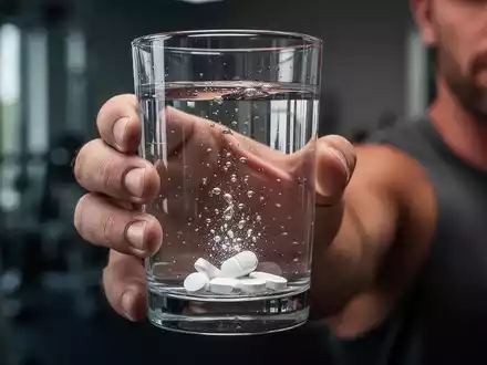 Nahaufnahme einer Männerhand, die ein Glas Wasser mit sich auflösenden weißen Nahrungsergänzungsmitteln hält. Hintergrund verschwommen. - Foto: über boerse-global.de