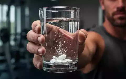 Nahaufnahme einer Männerhand, die ein Glas Wasser mit sich auflösenden weißen Nahrungsergänzungsmitteln hält. Hintergrund verschwommen. - Foto: über boerse-global.de