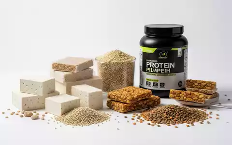 Eine Anordnung von pflanzlichen Proteinquellen wie Tofu, Tempeh, Quinoa und Linsen, zusammen mit einem Proteinpulverbehälter. - Foto: über boerse-global.de