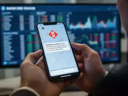 Nahaufnahme einer Hand, die ein Smartphone mit einer Phishing-Nachricht hält, im Hintergrund verschwommene Bankdetails. - Foto: über boerse-global.de