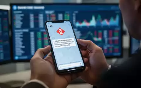 Nahaufnahme einer Hand, die ein Smartphone mit einer Phishing-Nachricht hält, im Hintergrund verschwommene Bankdetails. - Foto: über boerse-global.de