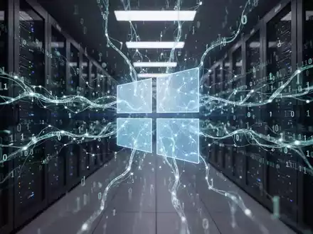 Leuchtende neuronale Netzgrafik über schwachem Windows-Logo, Binärcode rast durch Serverraum. - Foto: über boerse-global.de