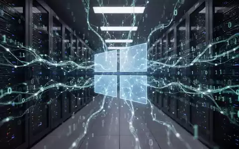 Leuchtende neuronale Netzgrafik über schwachem Windows-Logo, Binärcode rast durch Serverraum. - Foto: über boerse-global.de