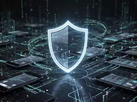 Leuchtender digitaler Schild schützt vernetzte Mobilgeräte und Datenströme, symbolisiert App-Sicherheit. - Foto: über boerse-global.de