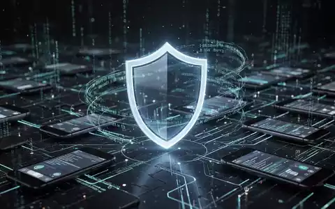 Leuchtender digitaler Schild schützt vernetzte Mobilgeräte und Datenströme, symbolisiert App-Sicherheit. - Foto: über boerse-global.de