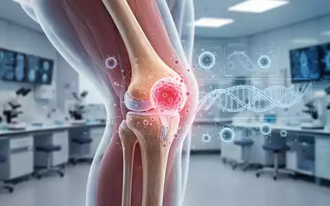 Ein detailliertes menschliches Kniegelenk mit subtilen digitalen Überlagerungen, die zelluläre Regeneration oder Gentherapie-Sequenzen darstellen. - Foto: über boerse-global.de