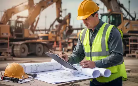 Eine Fachkraft für Arbeitssicherheit mit Warnweste und Helm überprüft eine Baustelle, mit Bauplänen und Klemmbrett in der Hand. - Foto: über boerse-global.de