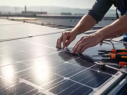 Nahaufnahme der Hände eines Technikers bei der präzisen Inspektion eines Solarmoduls auf einem Dach, mit Werkzeugen. - Foto: über boerse-global.de