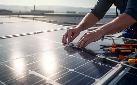 Nahaufnahme der Hände eines Technikers bei der präzisen Inspektion eines Solarmoduls auf einem Dach, mit Werkzeugen. - Foto: über boerse-global.de