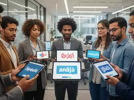 Eine vielfältige Gruppe von Menschen interagiert digital, symbolisiert mehrsprachige Online-Dienste im Gesundheitswesen. - Foto: über boerse-global.de