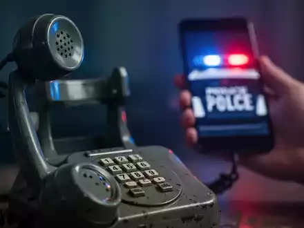 Ein alter Telefonhörer im Vordergrund, unscharf im Hintergrund eine Hand, die ein Smartphone mit Polizeisirene hält. - Foto: über boerse-global.de