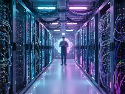 Zukunftsorientierter Serverraum mit blauen und violetten Leuchten und Reihen von Hochleistungsrechnern. - Foto: über boerse-global.de