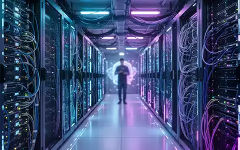 Zukunftsorientierter Serverraum mit blauen und violetten Leuchten und Reihen von Hochleistungsrechnern. - Foto: über boerse-global.de