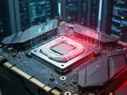 Nahaufnahme einer Hochleistungs-GPU mit Wärmeleitpaste auf dem Die, die einen Hitzepunkt zeigt. Verschwommenes Rechenzentrum im Hintergrund. - Foto: über boerse-global.de