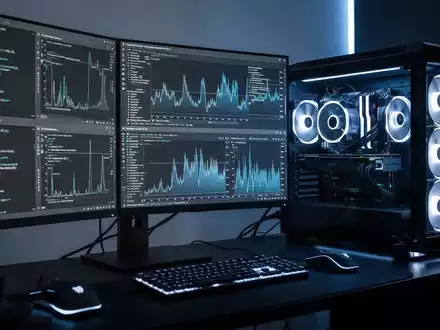 Hochleistungs-Computer-Workstation mit mehreren Monitoren, technischen Daten und Grafiken, sichtbarem CPU-Kühler und blauer Beleuchtung. - Foto: über boerse-global.de
