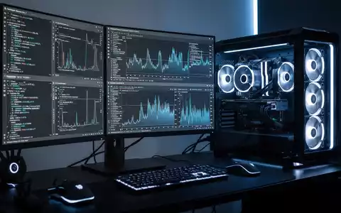 Hochleistungs-Computer-Workstation mit mehreren Monitoren, technischen Daten und Grafiken, sichtbarem CPU-Kühler und blauer Beleuchtung. - Foto: über boerse-global.de