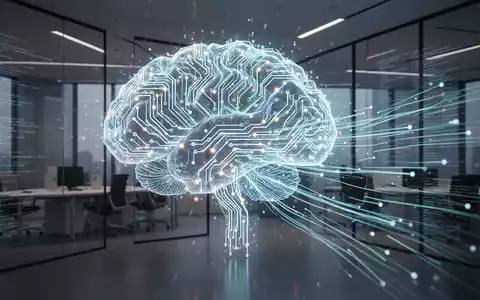 Leuchtende, gehirnartige neuronale Netzstruktur mit digitalen Datenströmen vor modernem Bürohintergrund, Symbol für fortschrittliche KI und Technologie. - Foto: über boerse-global.de