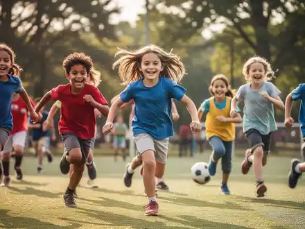 Eine Gruppe fröhlicher Kinder spielt und rennt aktiv draußen in einem Park oder auf einem Sportplatz. - Foto: über boerse-global.de
