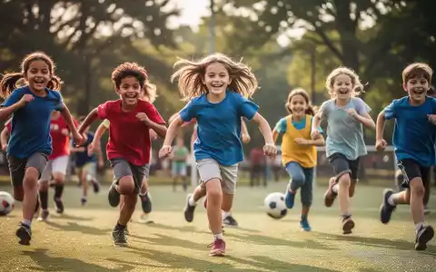 Eine Gruppe fröhlicher Kinder spielt und rennt aktiv draußen in einem Park oder auf einem Sportplatz. - Foto: über boerse-global.de