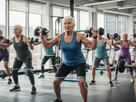 Ältere Menschen trainieren in einem Fitnessstudio mit Gewichten und Widerstandsbändern, um Muskeln aufzubauen und fit zu bleiben. - Foto: über boerse-global.de