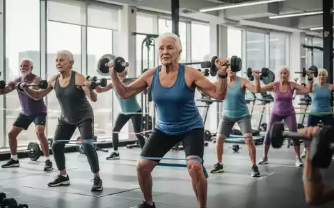 Ältere Menschen trainieren in einem Fitnessstudio mit Gewichten und Widerstandsbändern, um Muskeln aufzubauen und fit zu bleiben. - Foto: über boerse-global.de