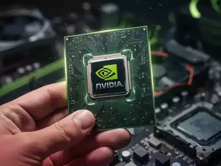 Eine Hand hält eine Sammelkarte mit einer stilisierten NVIDIA GPU. Andere Tech-Komponenten sind im Hintergrund unscharf. - Foto: über boerse-global.de