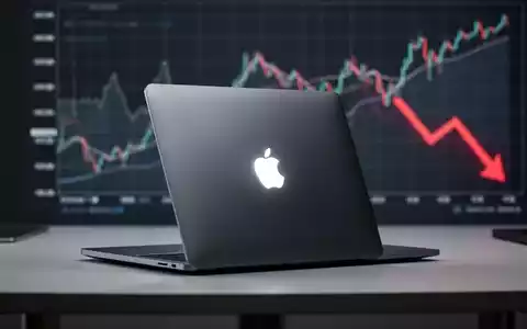 Modernes Apple-Laptop mit leuchtendem Logo vor unscharfem Hintergrund mit kontrastierenden Markttrendgrafiken. - Foto: über boerse-global.de