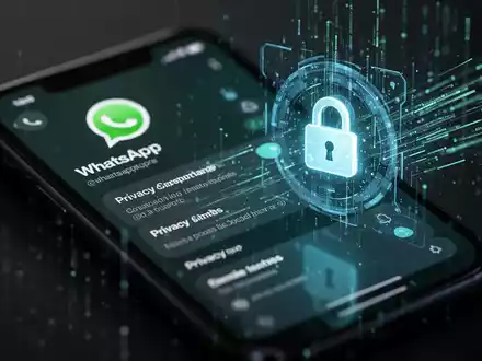 Ein Smartphone-Bildschirm zeigt WhatsApp-Einstellungen zur Privatsphäre, umgeben von abstrakten digitalen Sicherheitselementen. - Foto: über boerse-global.de