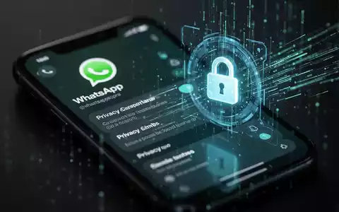 Ein Smartphone-Bildschirm zeigt WhatsApp-Einstellungen zur Privatsphäre, umgeben von abstrakten digitalen Sicherheitselementen. - Foto: über boerse-global.de