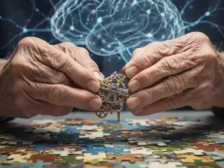 Nahaufnahme der Hände einer älteren Person, die ein komplexes Puzzle zusammensetzt, mit angedeuteten neuronalen Verbindungen im Hintergrund. - Foto: über boerse-global.de