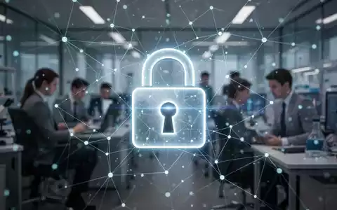 Ein stilisiertes, leuchtendes Vorhängeschloss über einem abstrakten Netzwerk von Datenpunkten, mit verschwommenen Personen im Hintergrund, die in einem modernen Büro arbeiten. - Foto: über boerse-global.de
