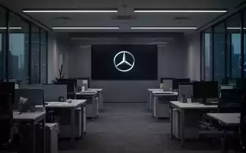 Leeres, modernes Büro mit subtilem Mercedes-Benz-Logo im Hintergrund, das Unternehmensveränderungen und das Ende des Homeoffice symbolisiert. - Foto: über boerse-global.de