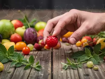 Eine Hand hält eine rote Wunderbeere, umgeben von frischen Früchten und Kräutern auf einem Holztisch, im Kontext des Blutzucker-Managements. - Foto: über boerse-global.de