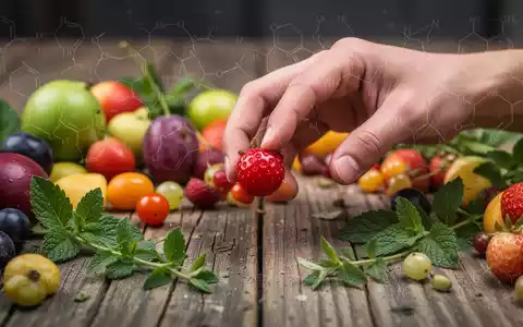 Eine Hand hält eine rote Wunderbeere, umgeben von frischen Früchten und Kräutern auf einem Holztisch, im Kontext des Blutzucker-Managements. - Foto: über boerse-global.de