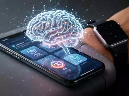 Smartphone-Bildschirm mit leuchtenden KI-Widgets und Smartwatch am Handgelenk. - Foto: über boerse-global.de
