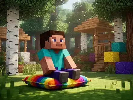 Ein Minecraft-Charakter sitzt auf einem bunten Kissen in einem Dappled-Forest-Biom mit neuen Pappelholzstrukturen und Wollblöcken. - Foto: über boerse-global.de