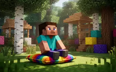 Ein Minecraft-Charakter sitzt auf einem bunten Kissen in einem Dappled-Forest-Biom mit neuen Pappelholzstrukturen und Wollblöcken. - Foto: über boerse-global.de