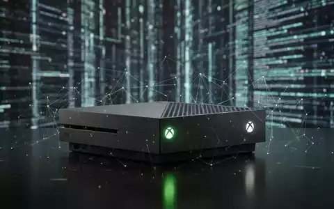 Futuristische Xbox-Konsole mit grünem Leuchten auf dunkler Oberfläche, umgeben von digitalen Netzlinien. - Foto: über boerse-global.de