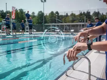 Ein modernes Freibad in NRW mit blauen Becken, das technologische Sicherheitsmaßnahmen und KI-Überwachung andeutet. - Foto: über boerse-global.de