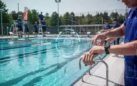 Ein modernes Freibad in NRW mit blauen Becken, das technologische Sicherheitsmaßnahmen und KI-Überwachung andeutet. - Foto: über boerse-global.de
