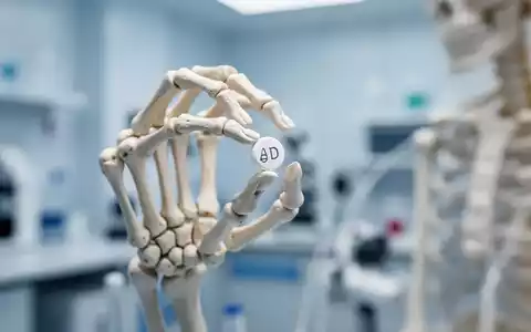 Nahaufnahme eines Skeletthands, die eine Vitamin-D-Pille hält, im Hintergrund ein unscharfes medizinisches Labor. - Foto: über boerse-global.de