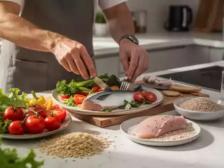 Hände bereiten eine gesunde Mahlzeit zu, mit frischem Gemüse, magerem Protein und Vollkornprodukten auf einer Küchenarbeitsplatte. - Foto: über boerse-global.de