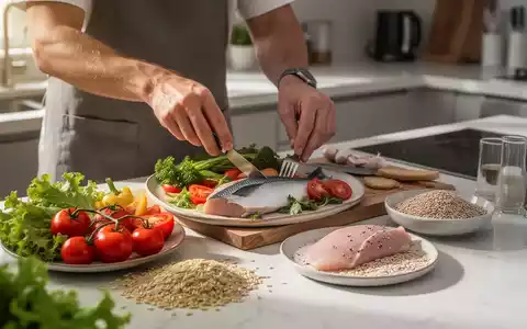 Hände bereiten eine gesunde Mahlzeit zu, mit frischem Gemüse, magerem Protein und Vollkornprodukten auf einer Küchenarbeitsplatte. - Foto: über boerse-global.de
