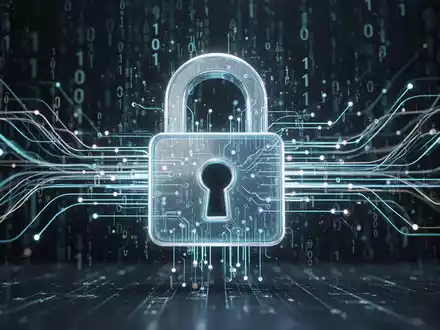Stilisierte digitales Vorhängeschloss umgeben von Datenströmen und Binärcode, symbolisiert Datenschutz und Cybersicherheit. - Foto: über boerse-global.de