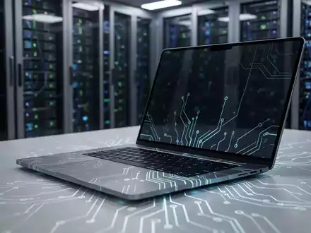 Nahaufnahme eines modernen Laptops auf einem Schreibtisch mit leuchtenden Leiterplattenmustern, die Chipknappheit und KI-Nachfrage symbolisieren. Verschwommene Server im Hintergrund. - Foto: über boerse-global.de