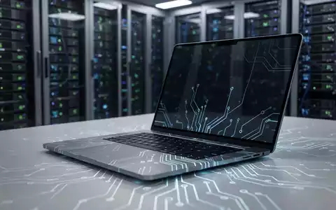 Nahaufnahme eines modernen Laptops auf einem Schreibtisch mit leuchtenden Leiterplattenmustern, die Chipknappheit und KI-Nachfrage symbolisieren. Verschwommene Server im Hintergrund. - Foto: über boerse-global.de