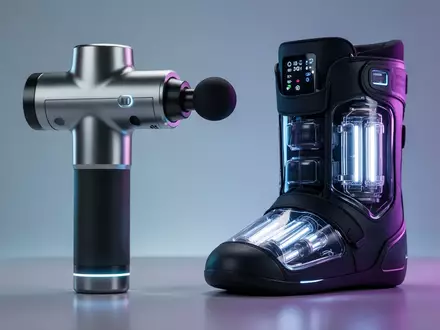 Eine moderne Massagepistole und ein Recovery Boot mit sichtbaren pneumatischen Kammern, beleuchtet von futuristischem Licht. - Foto: über boerse-global.de