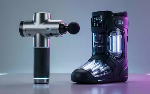 Eine moderne Massagepistole und ein Recovery Boot mit sichtbaren pneumatischen Kammern, beleuchtet von futuristischem Licht. - Foto: über boerse-global.de