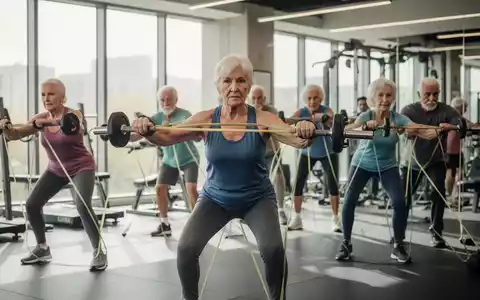 Ältere Menschen trainieren mit Gewichten und Widerstandsbändern in einem modernen Fitnessstudio, um ihre Gesundheit zu fördern. - Foto: über boerse-global.de